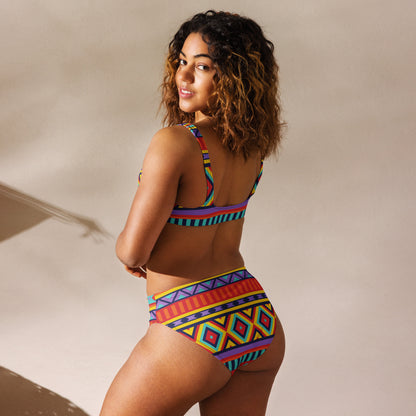 Multi Coloured African Print Women Recycled high-waisted bikini