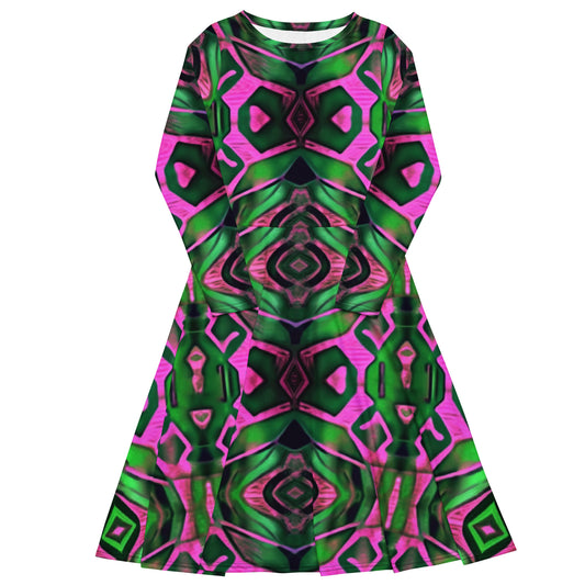 Green and Pink Batik Print  Longsleeve Midi Dress
