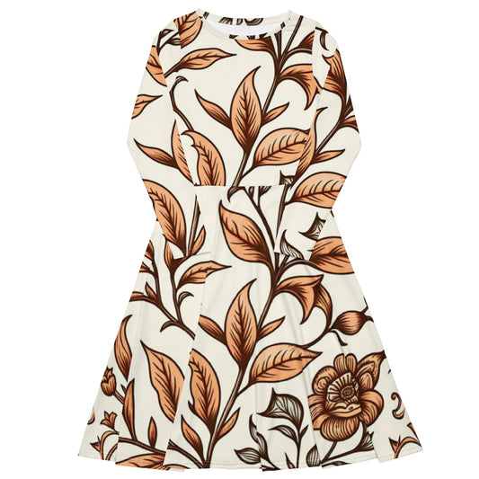 Cream and Brown Leaf Print  Print Long Sleeve Midi Dress