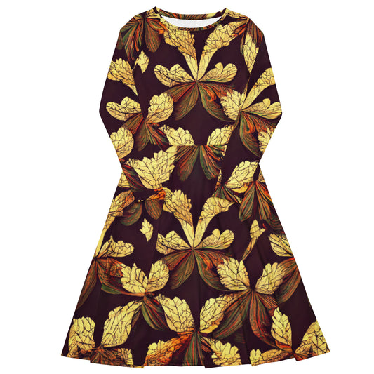 Brown and Gold Leaf Print Long Sleeve Midi Dress