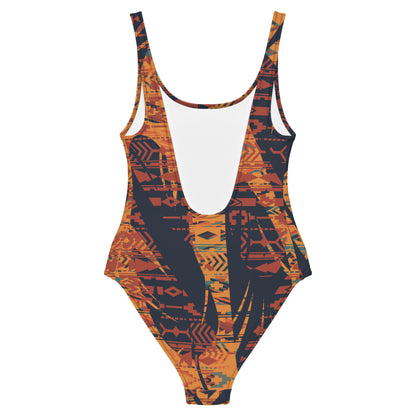 Orange and Indigo Leaf Print One Piece Swimsuit