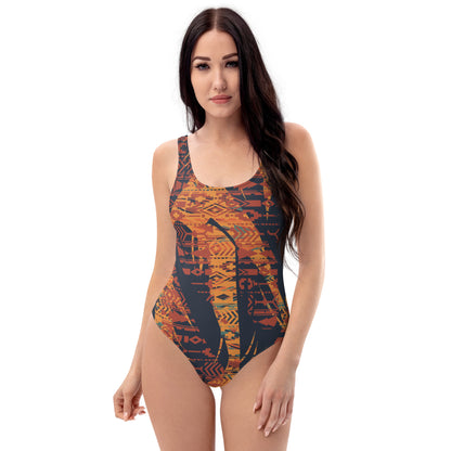 Orange and Indigo Leaf Print One Piece Swimsuit