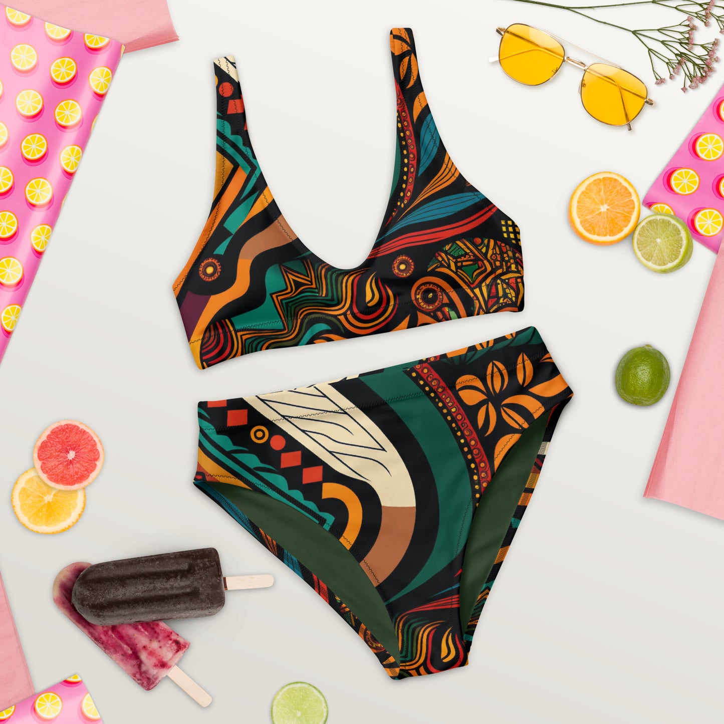 Maillot de Bain Deux Pièces Recyclé Taille Haute Imprimé Africain Safari Vert et Jaune pour Femme