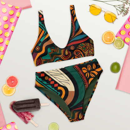 Maillot de Bain Deux Pièces Recyclé Taille Haute Imprimé Africain Safari Vert et Jaune pour Femme