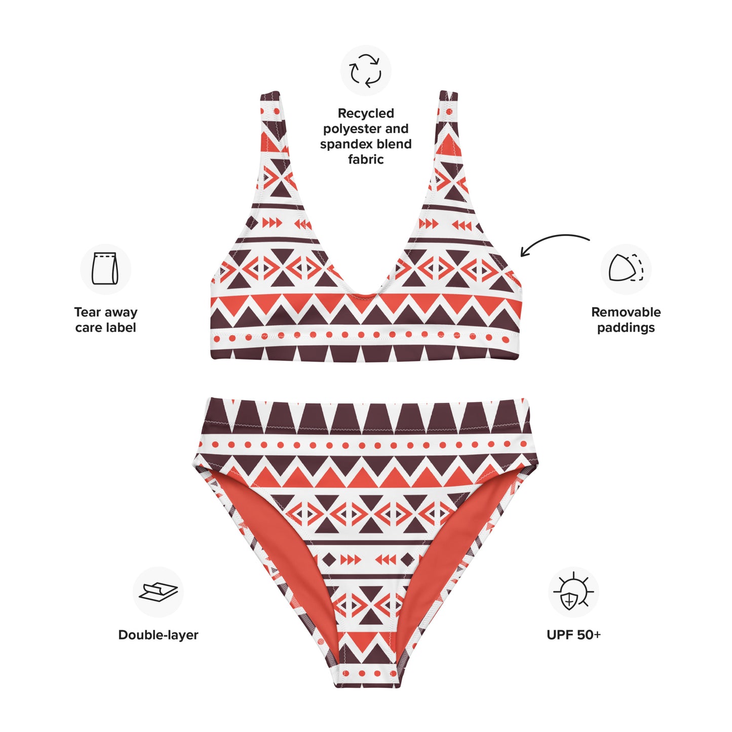 Brown and Orange Recycled High Waisted Bikini for Women
