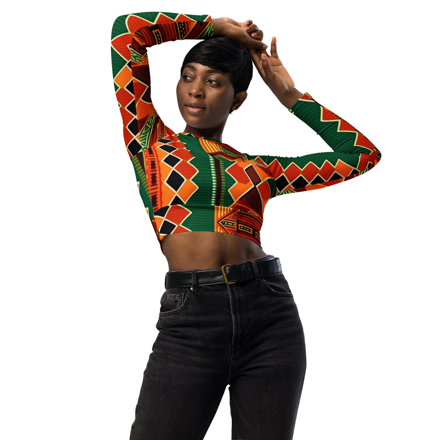 Kente Print African  Women's Long Sleeve Crop Top